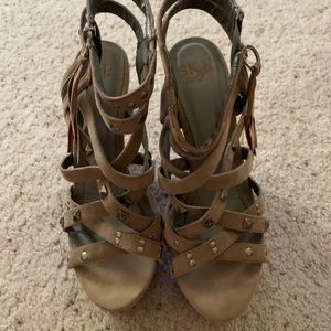 Tan Strappy Cut Out Wedge Sandals